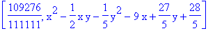 [109276/111111, x^2-1/2*x*y-1/5*y^2-9*x+27/5*y+28/5]